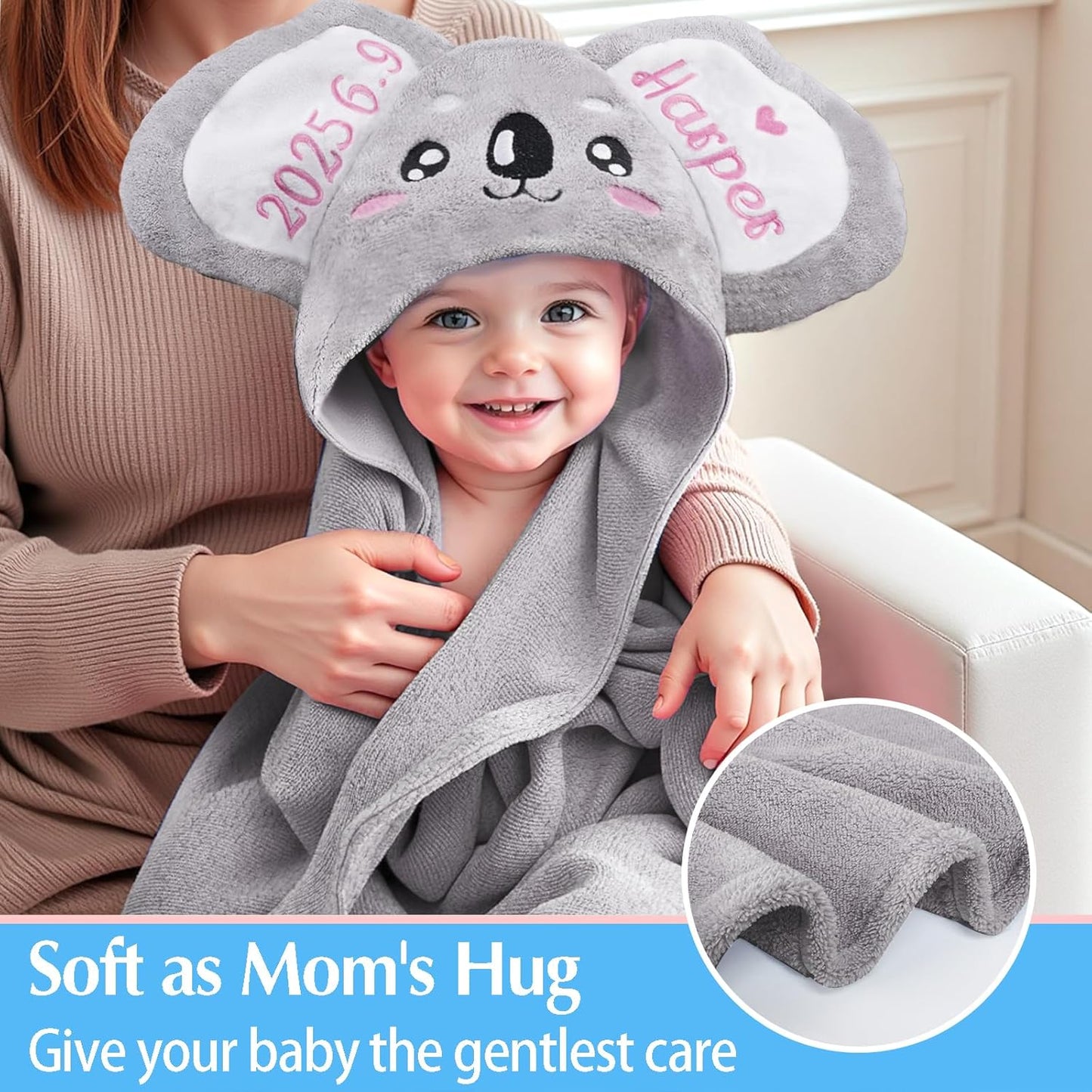 Custom Hooded Baby Towel with Name, Soft and Absorbent Customized Koala Toddler Towels, Baby Bath Towel for Boys and Girls, Easter Birthday Towel for Kids，Babies, Toddlers, Newborns Essential