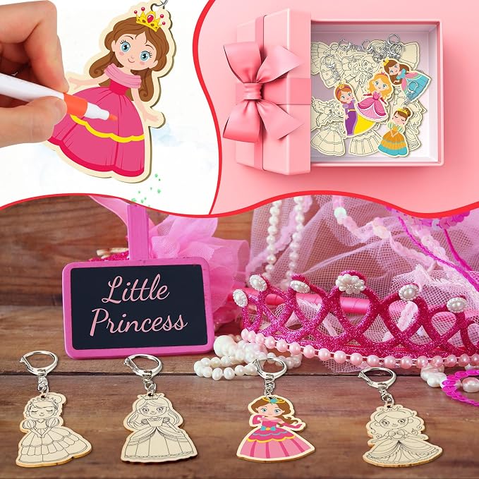 RattanView 24 Pcs Princess Craft Color Your Own Keychains DIY Craft Wooden