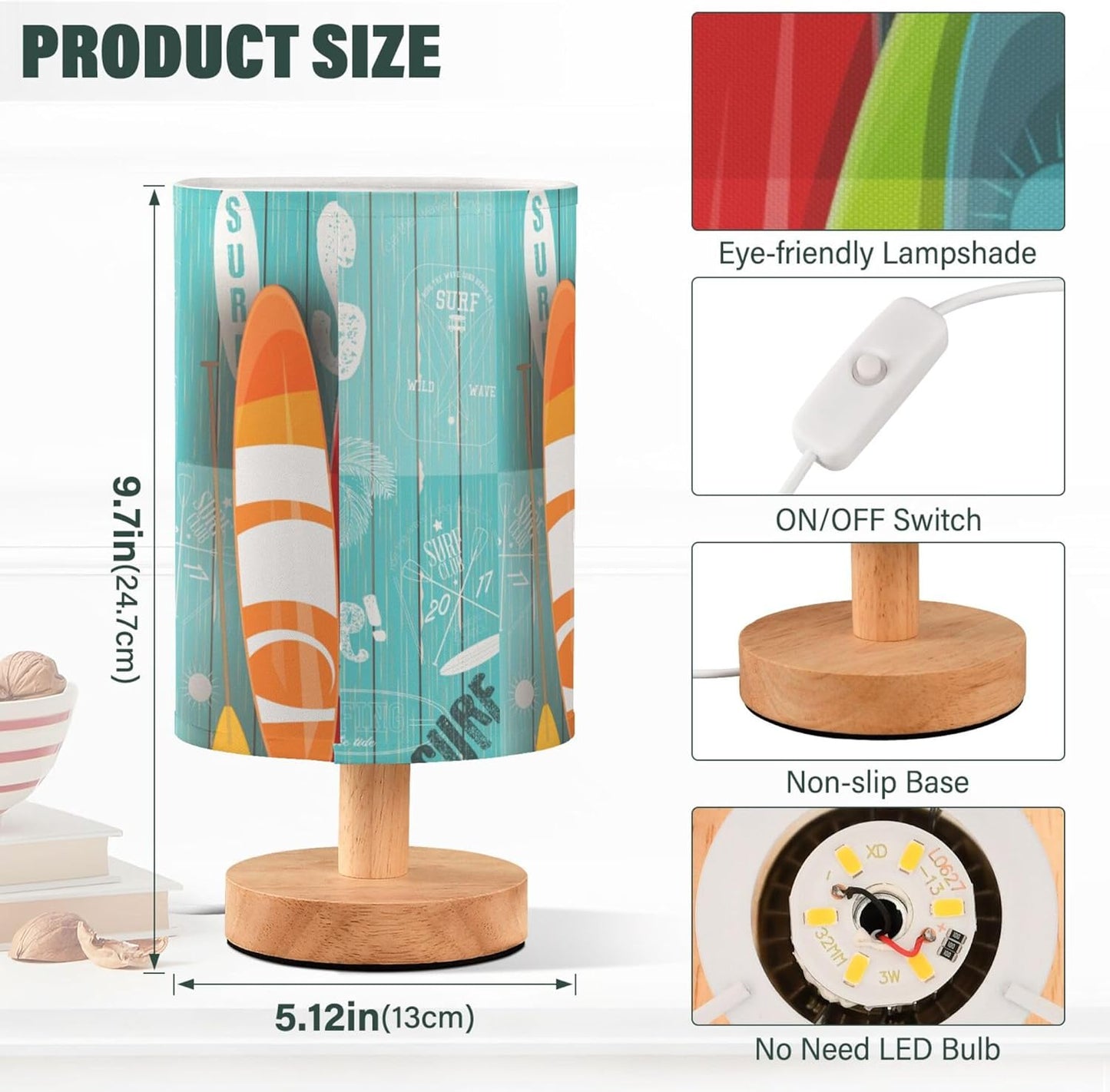 Table Lamp Colorful Surfboard Palm Tree Graphic Blue Wooden Summer Ocean Nightstand Lamp with Wood Base Fabric Lamp Shade Bedside Desk Lamp for Living Room Bedroom Kids Room Office