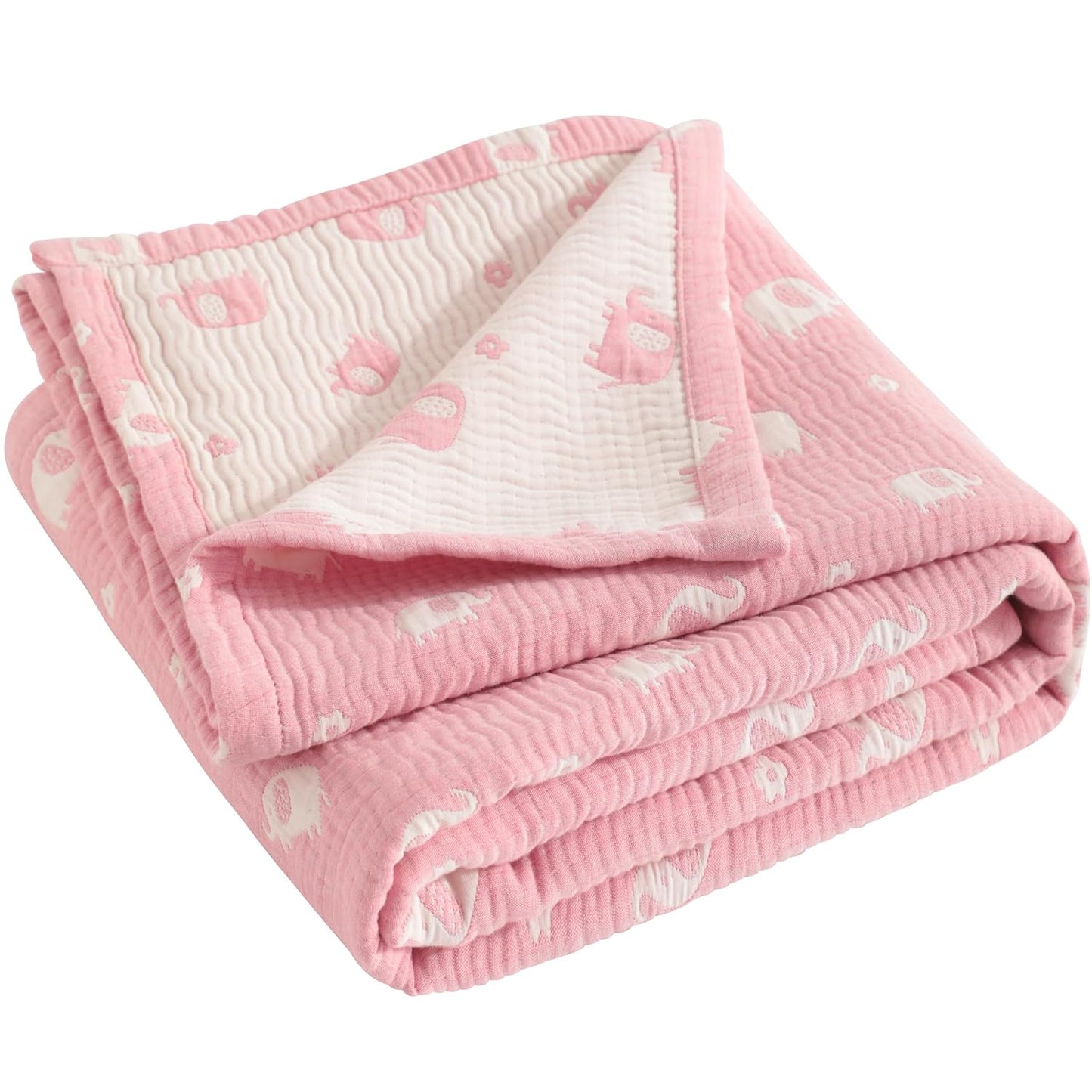 NTBAY 3 Layer Oversized Muslin Cotton Toddler Blanket, Jacquard Reversible Nursery Bed Blanket, Super Soft and Thermal for All Seasons, Baby Gift, 45"x60", Pink Elephant
