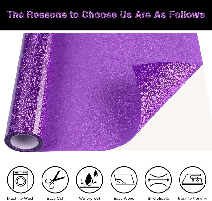 Purple Glitter HTV Heat Transfer Vinyl Roll 12inch x 20 ft