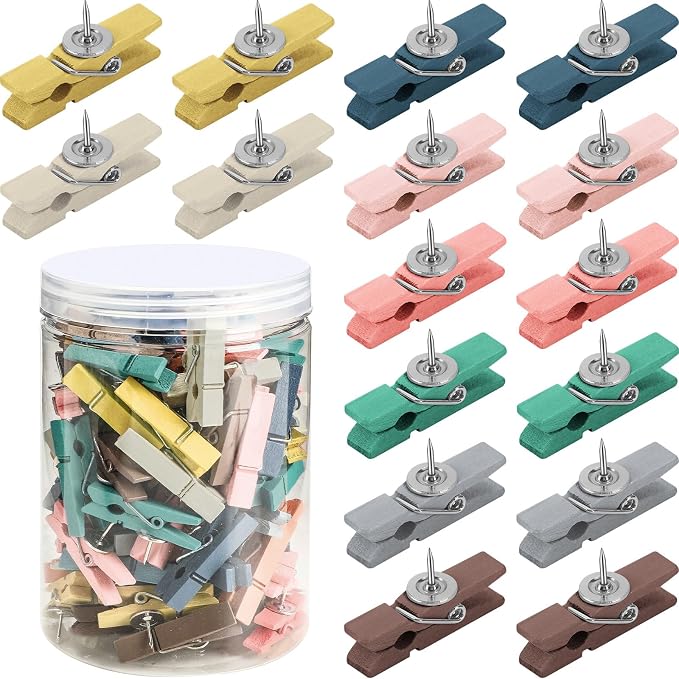 SANNIX 100Pcs Wooden Push Pin Clips, Morandi Wooden Clips
