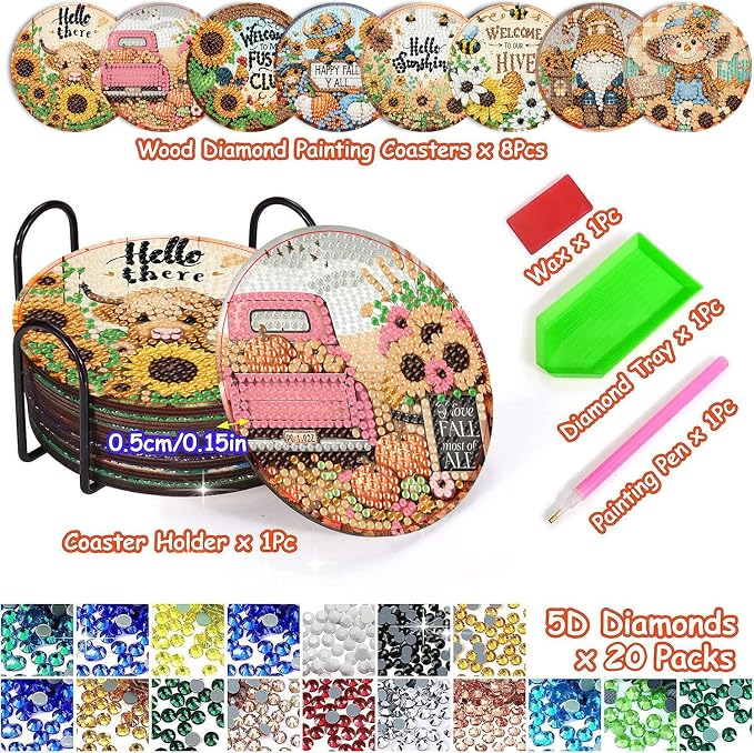 Axquilon 8 Pcs Fall Diamond Art Coasters Kit