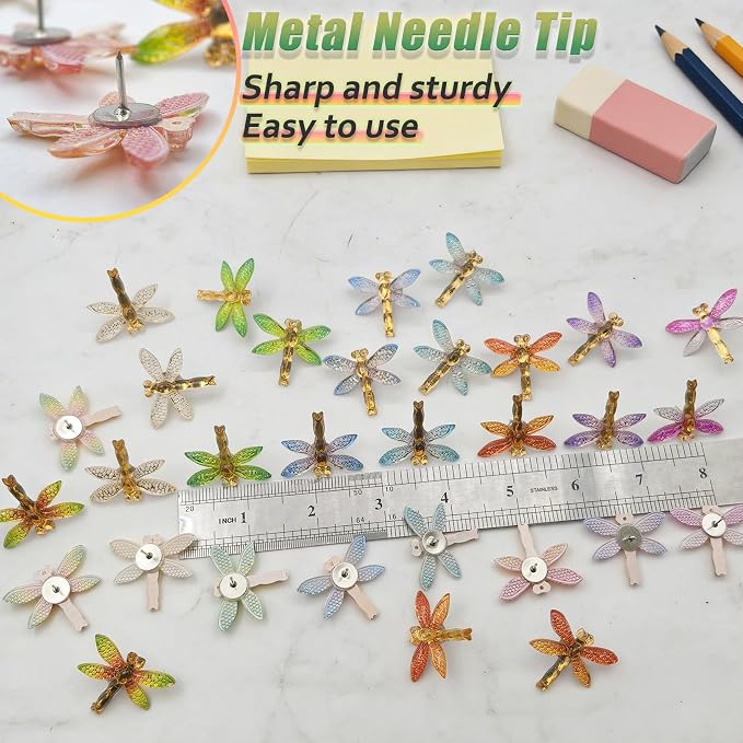 30 Pcs Colorful Resin Dragonfly Push Pins, Insect Thumb Tacks