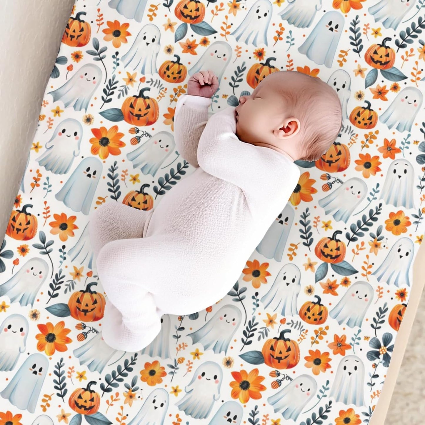 Halloween Pumpkin Flowers Floral Pattern Baby Changing Pad Cover, Unisex Fall Winter Holiday Nursery Diaper Changing Table Pad Mat Sheet for Boys Girls-16x32