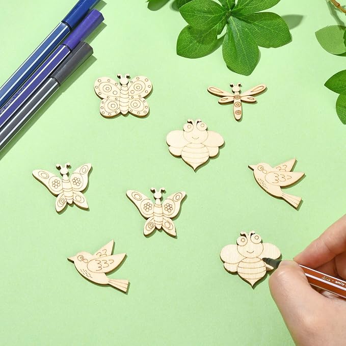 200 Pcs Unfinished Wooden Cutouts Insect Butterfly Bird Shapes Wooden Craft
