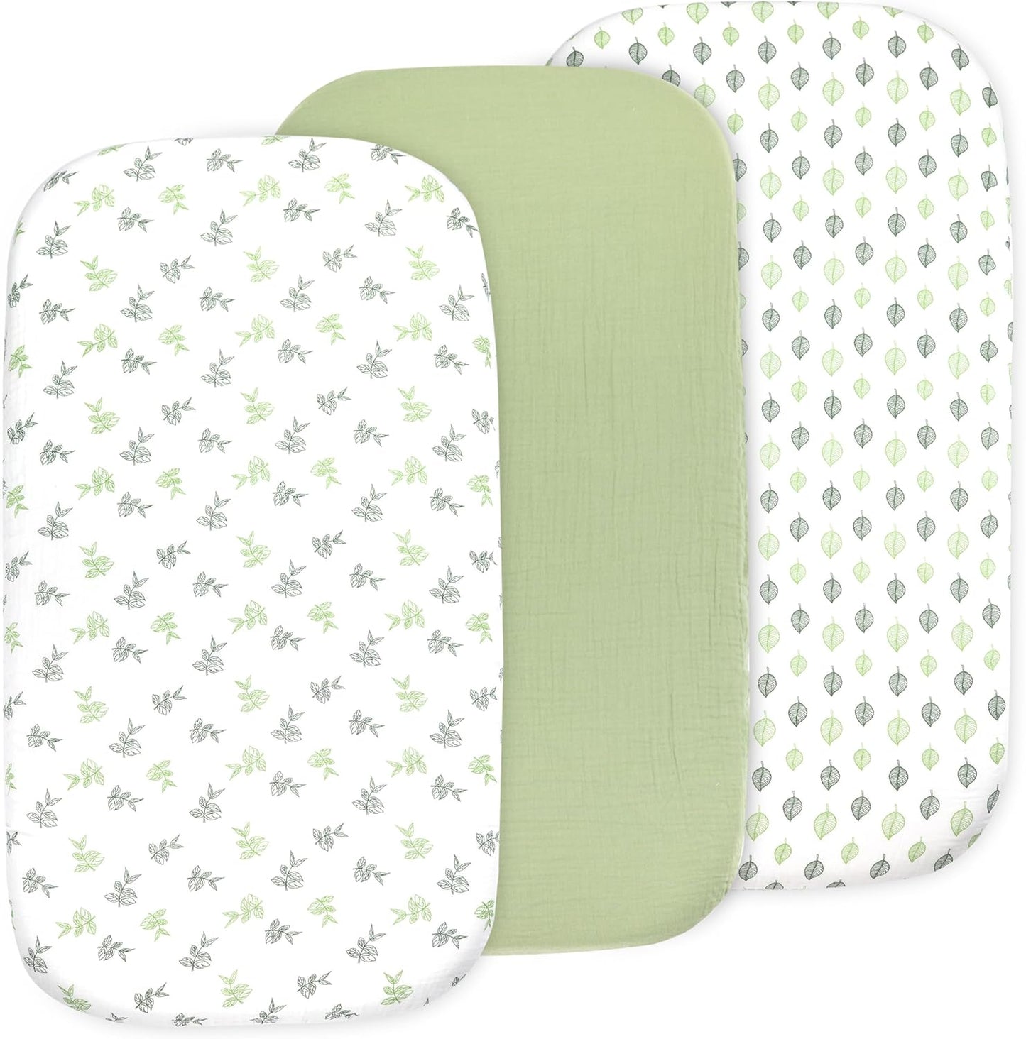 3-Pack Organic Muslin Bassinet Fitted Sheets, Compatible with Halo, Snoo, Graco, Dream On Me, Delta, and Other Standard Size Bassinets - Fits Oval, Hourglass, & Rectangle Shapes (32 x 16 x 4 Inches)