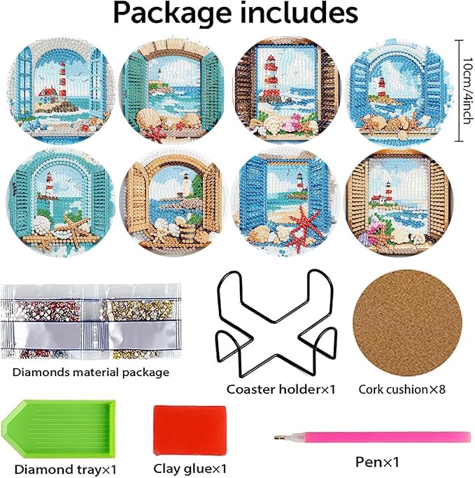 8 PCS Diamond Art Coasters Kits Lighthouse Diamond Painting Coaster | Diamond