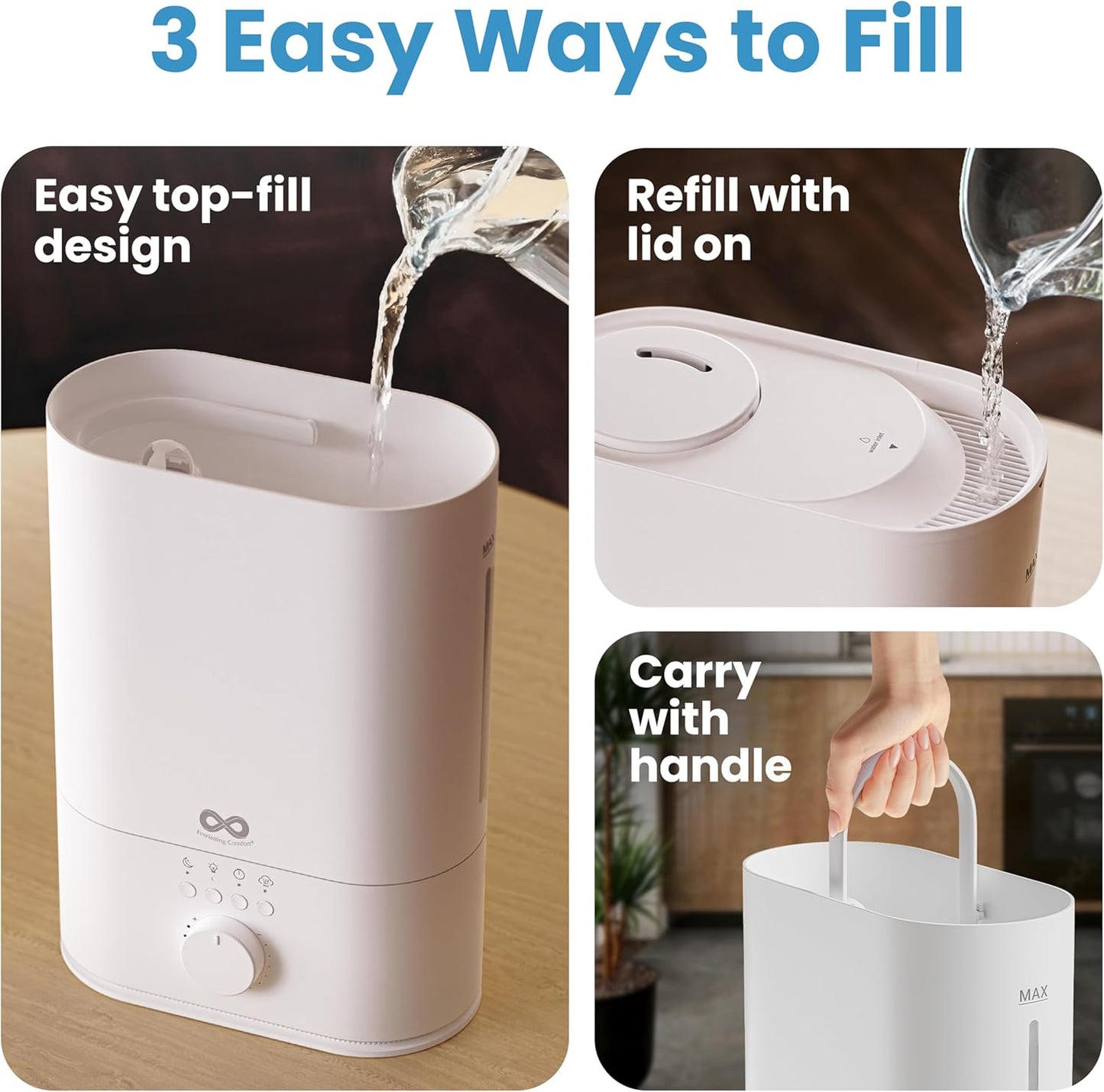 Everlasting Comfort 6L Humidifier Large Room, High Mist Output 50+ HR Runtime Ultrasonic Top Fill Humidifiers for Bedroom, Easy to Use & Clean for Home, Baby Humidifier, Plants, Congestion, Indoor
