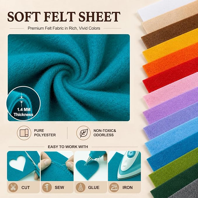 Peacock Blue Large Felt Fabric 36" x 36", 1.4 mm Soft Felt Sheet, Nonwoven