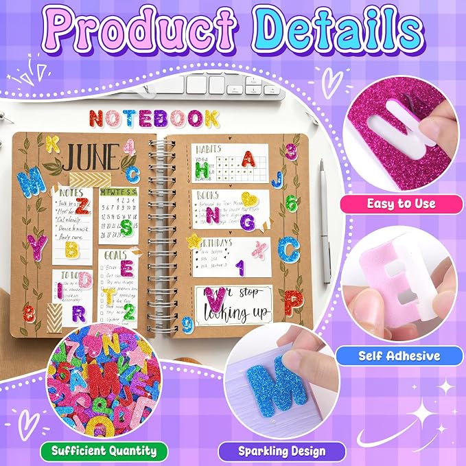 616PCS Glitter Foam Letter Stickers, Colorful Alphabet Number Stickers