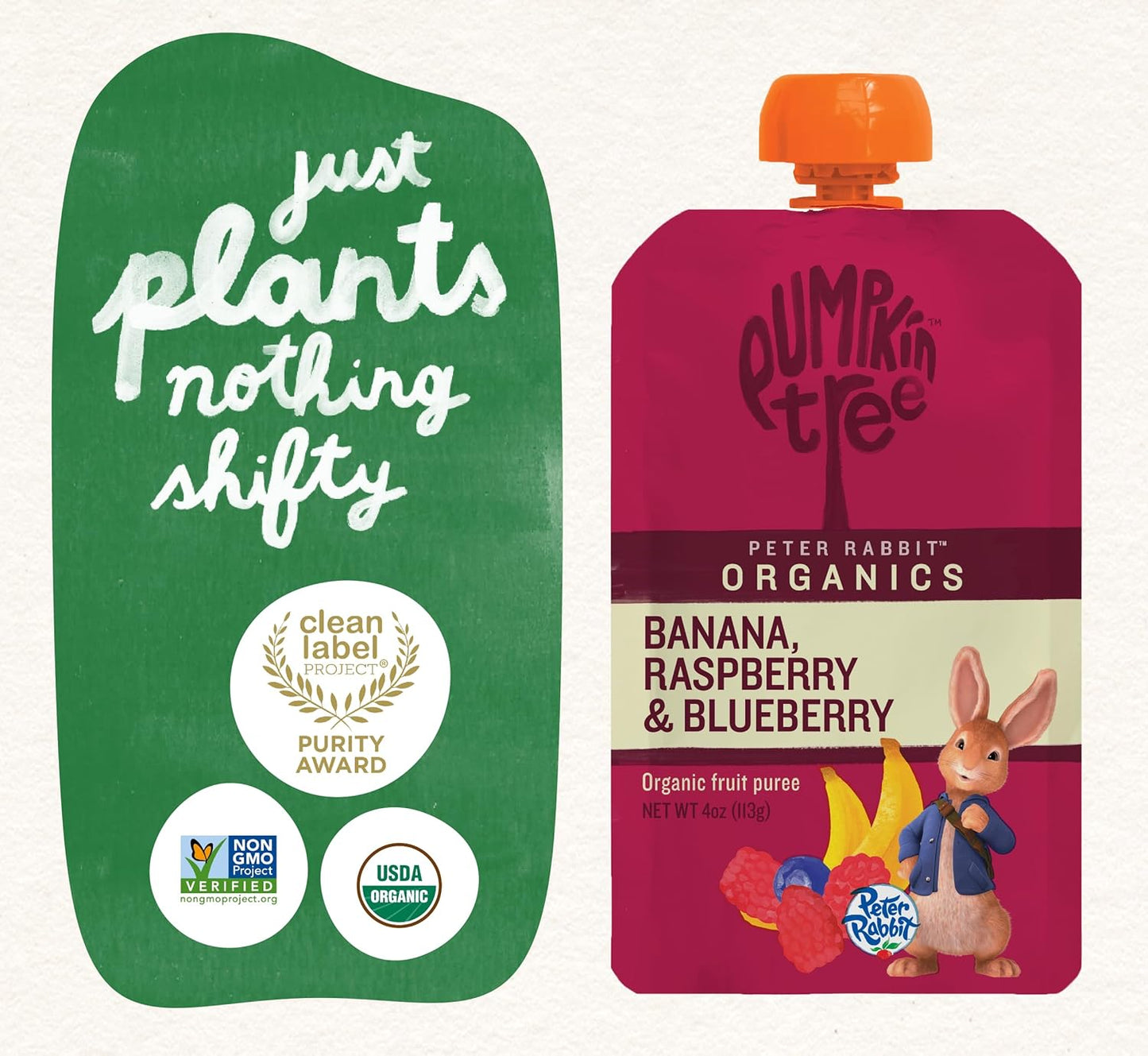 Pumpkin Tree Peter Rabbit Organics, Organic Raspberry, Banana and Blueberry 100% Pure Fruit Snack, 4 oz. Squeeze Pouches (Pack of 10)