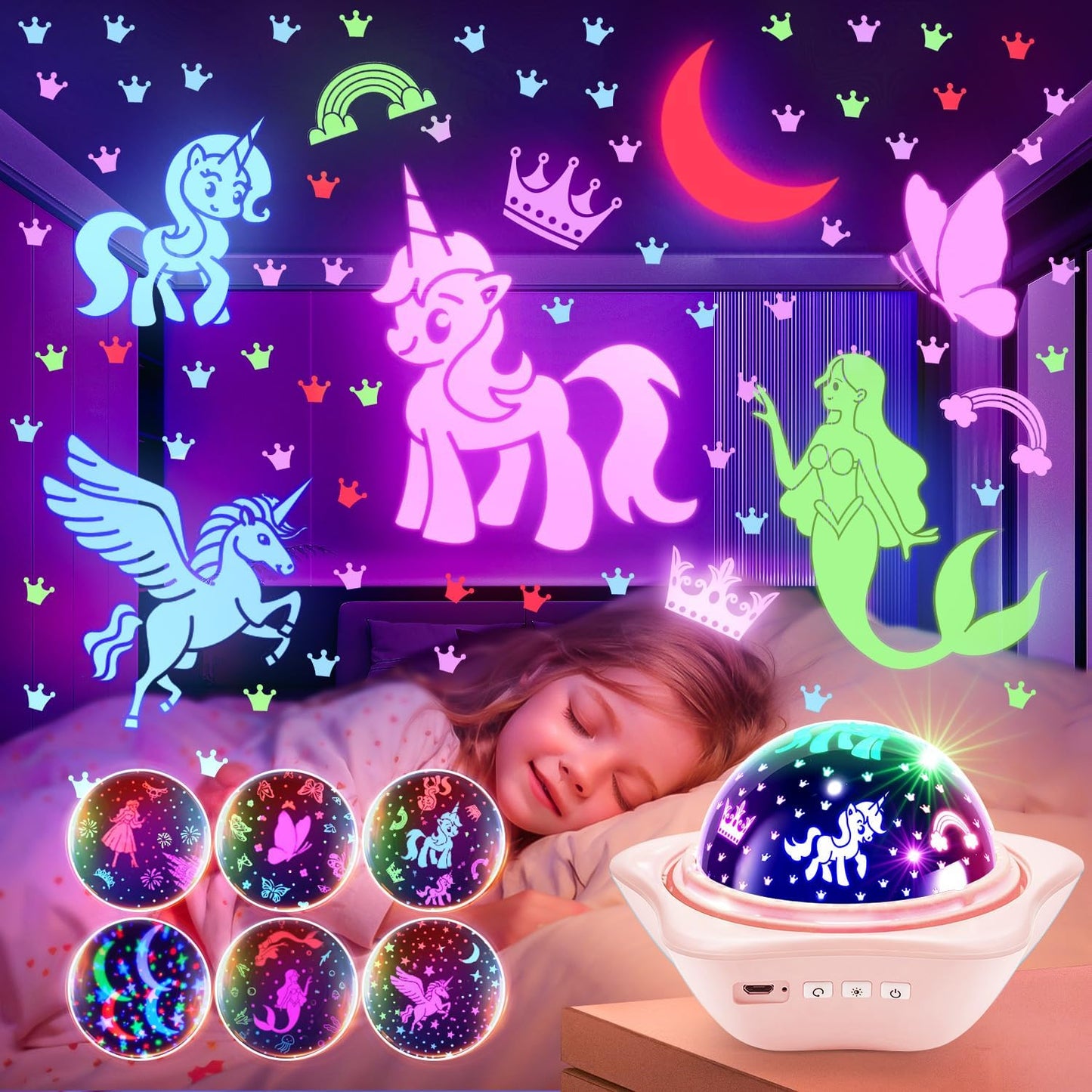 Onefire Girl Gifts, 6 Films Light Projector Unicorn Toys for Girls Age 4-6,Rechargeable Night Lights for Bedroom,360° Rotating Butterfly Lamp for Room Decor,Mermaid Princess Toddler Toys Toddler Gifts