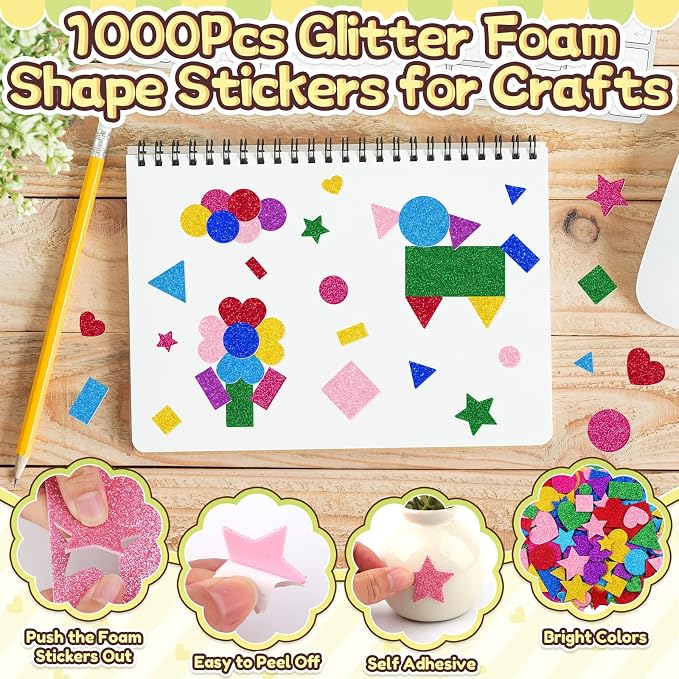 1000Pcs Glitter Foam Stickers, Colorful Self Adhesive Geometric Foam Stickers