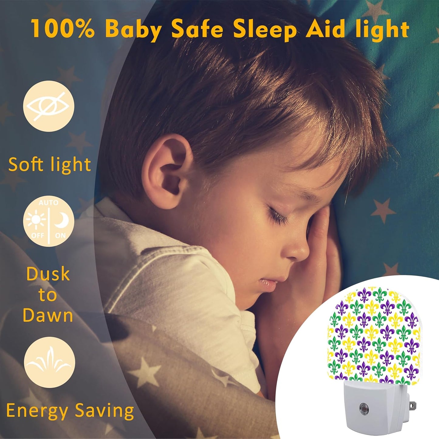 Mardi Gras Carnival Night Light, Colorful Fleur-de-lis Dusk to Dawn Night Light Plug in,0.5w Energy Saving Sleep Friendly NightLight for Kids Boys Girls Home Decor