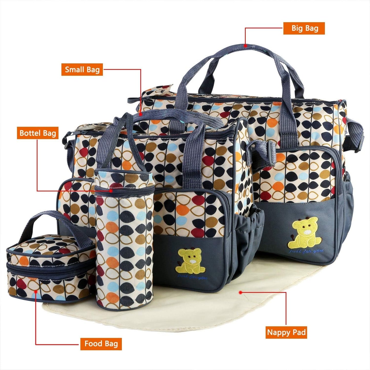 5Pcs Diaper Bag Tote Set,Large Mommy Bag with Portable Nappy Changing Pad,Pacifier Case,Travel Baby Bags for Mom