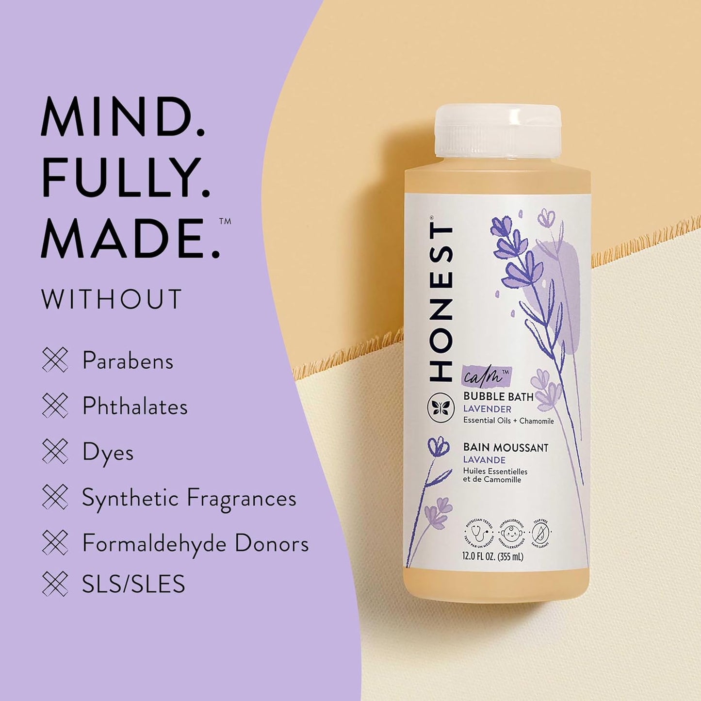 The Honest Company Foaming Bubble Bath, Gentle Tear-Free Hypoallergenic Baby Wash with Naturally Derived Ingredients, Lavender Calm, 12 fl oz