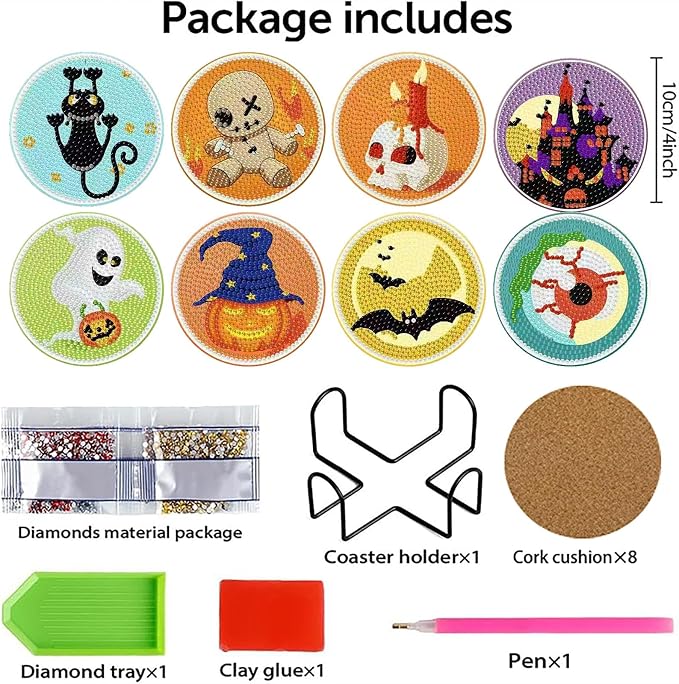Clendo 8 PCS Halloween Diamond Art Coasters Kits, Cute Diamond Painting Coaster