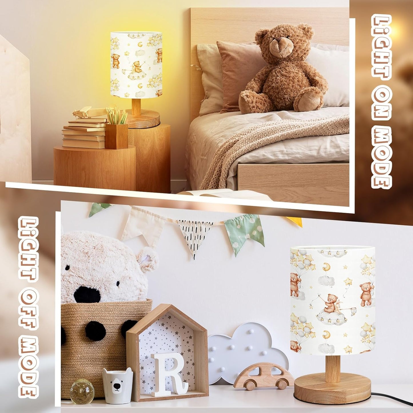 VIHOSE Bear Kids Table Lamp for Bedroom Kids Bedside Lamp with Linen Wooden Nightstand Cartoon Nursery Lampshade for Girls Boys Living Room