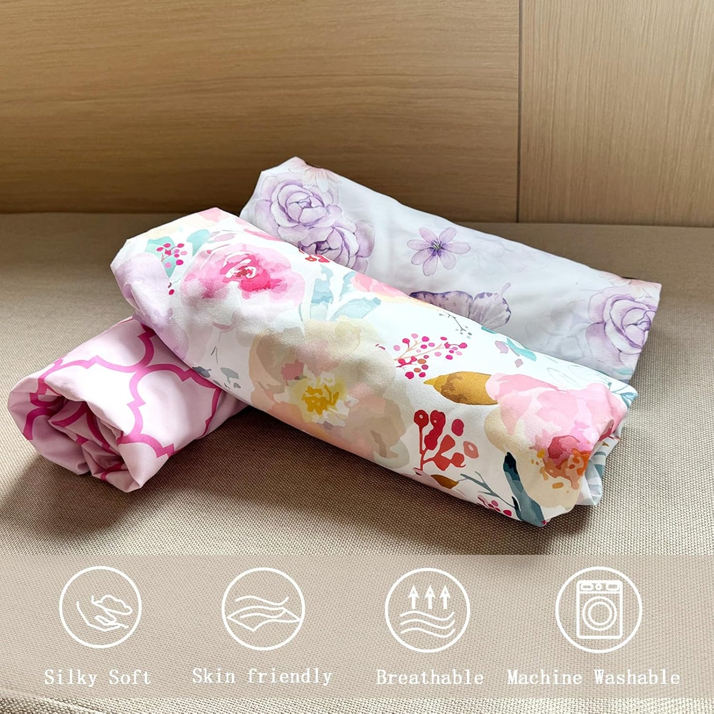 AMROSE 3 Pack Soft Mini Crib Sheets, Microfiber Pack N Play Sheets Set for Baby Girls, Silk Touch Gentle, Fitted for Playard Portable Mini Crib Mattress, Happy Garden