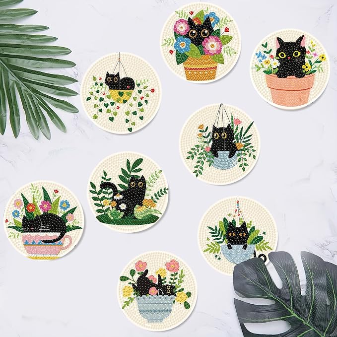 Clendo 8 Pcs Black Cat Diamond Art Coasters Kit