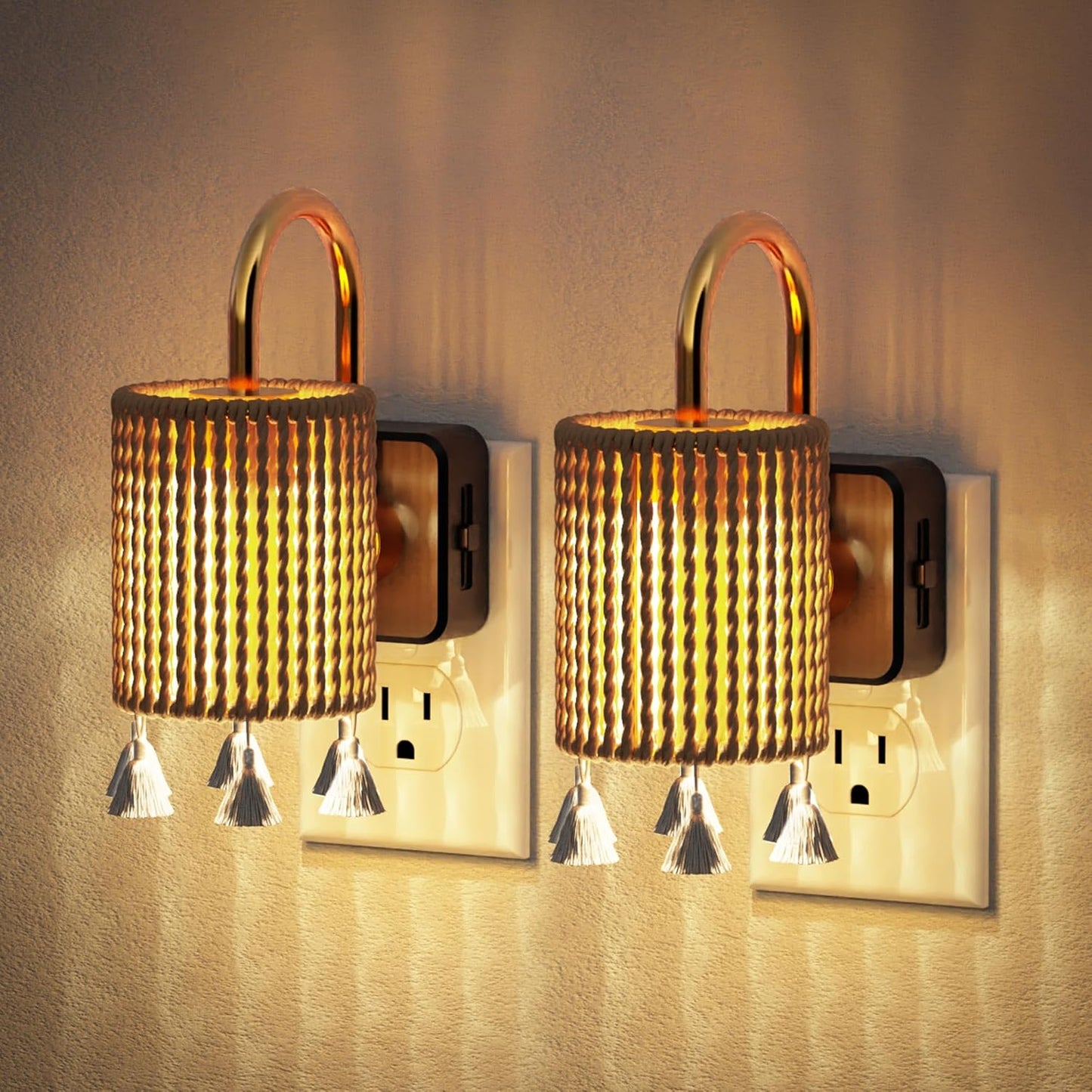 JandCase Night Light Plug in, Modern Night Lights Plug into Wall with Dusk to Dawn Light Sensor, Warm White 3000K Boho Nightlight LED, Adjustable Brightness for Bathroom Bedroom Hallway 2 Pack