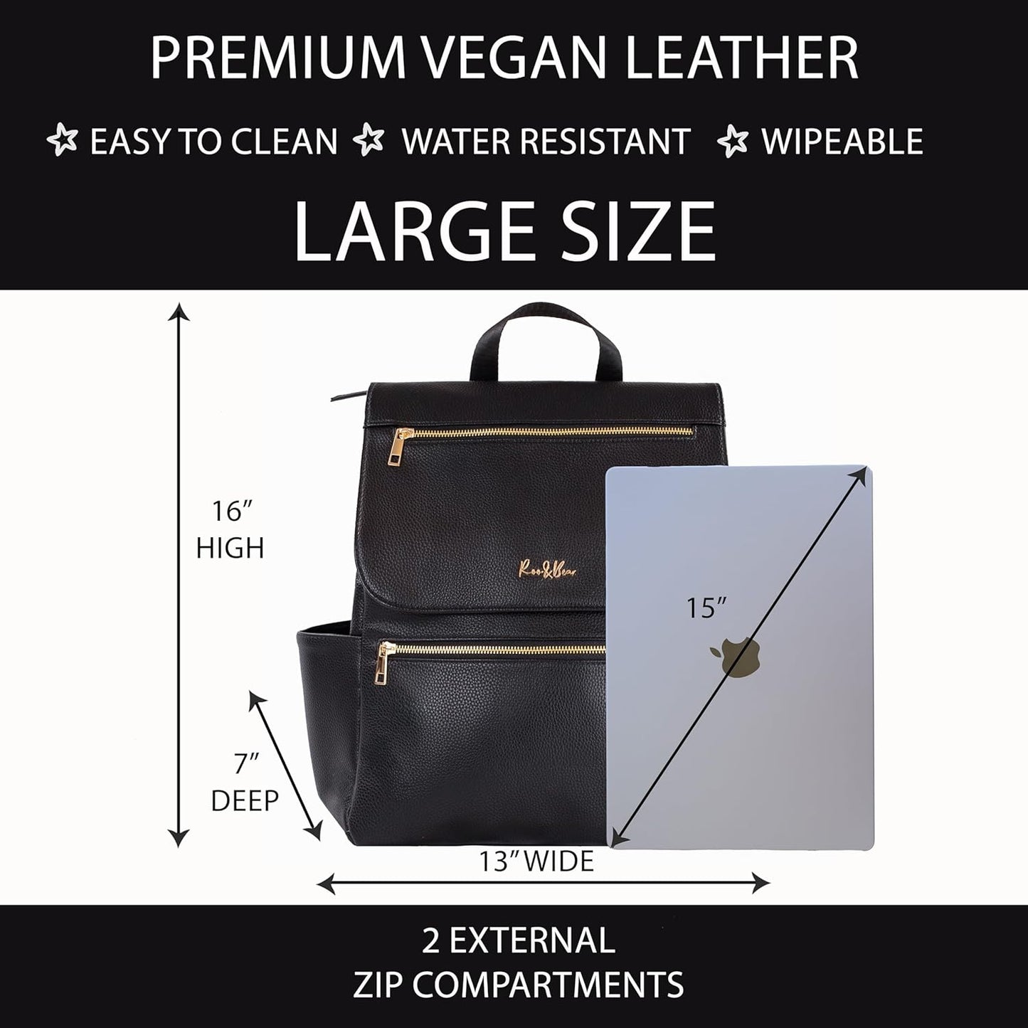Premium Vegan Leather Diaper Bag Backpack – Large Designer Baby Bag, Stylish Diaper Backpack with Stroller & Crossbody Straps & Multiple Compartments (Black)