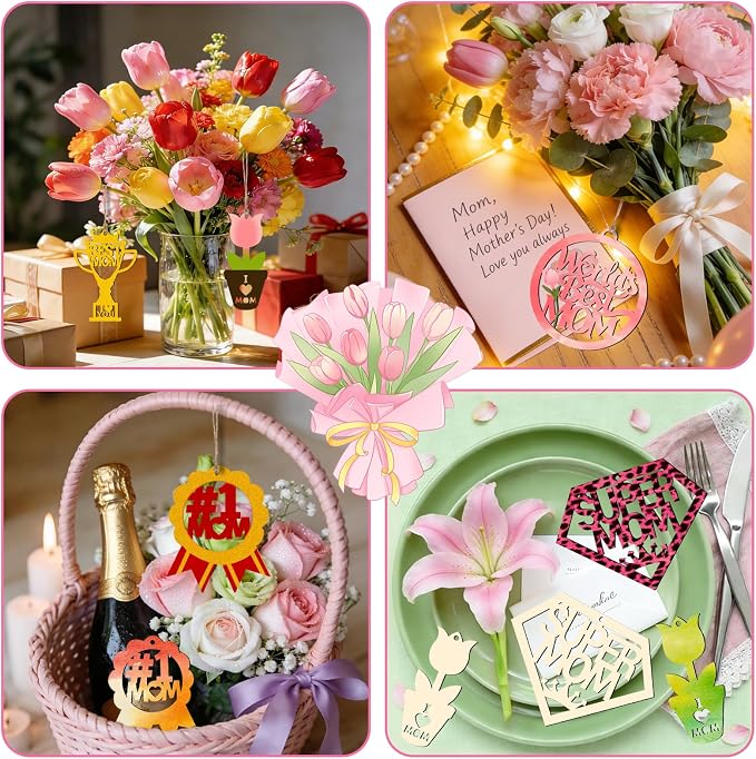 Mom Gift 40Pcs 5 Style Unfinished Wooden Mother's Day Ornaments DIY Craft