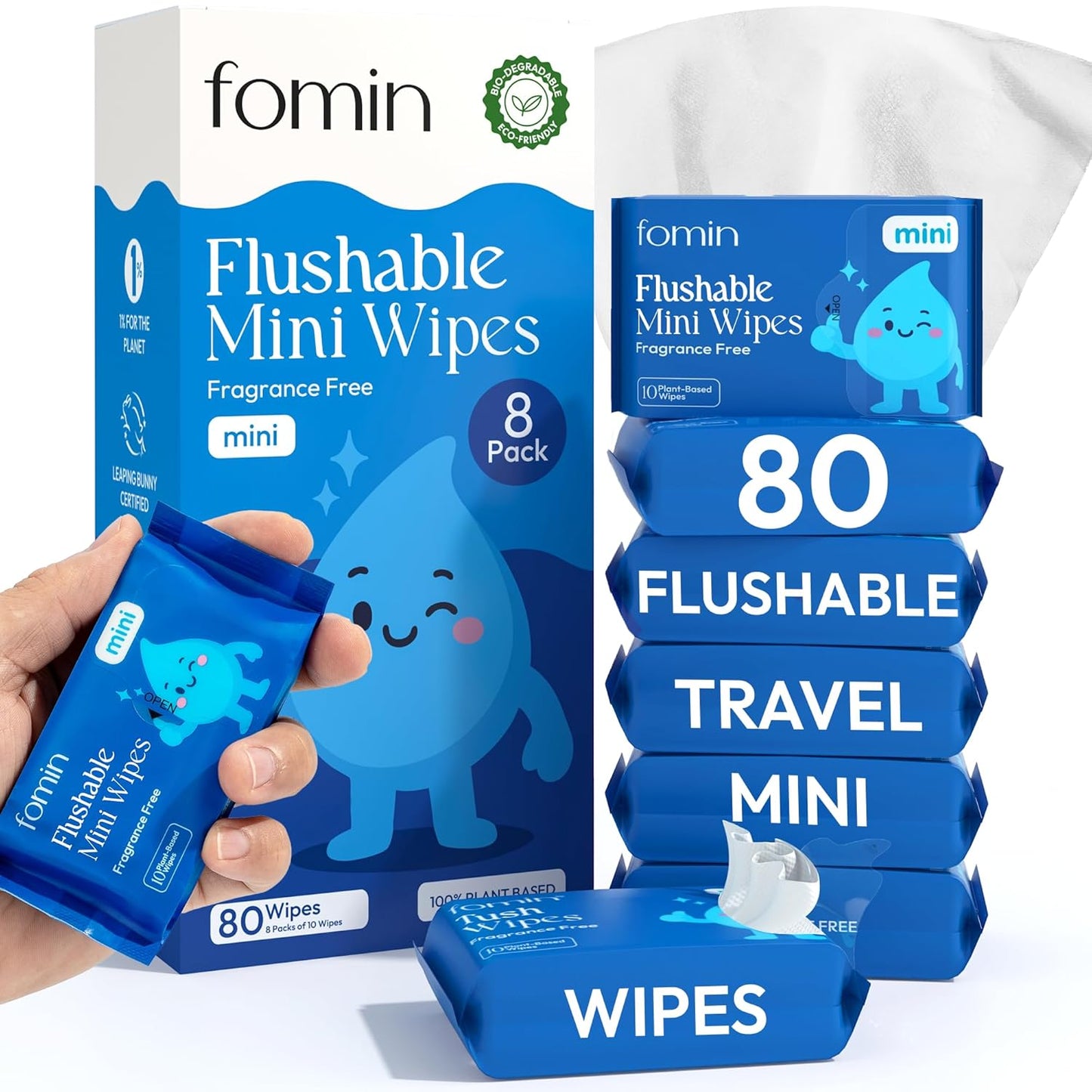 Fomin Flushable Tush Wipes 8 Pack (10 Count) – Unscented Flushable Wet Wipes for Adults – pH Balanced, Biodegradable Cleaning Wipes – Hypoallergenic, Plant Based Travel size Flushable Wipe for Adults