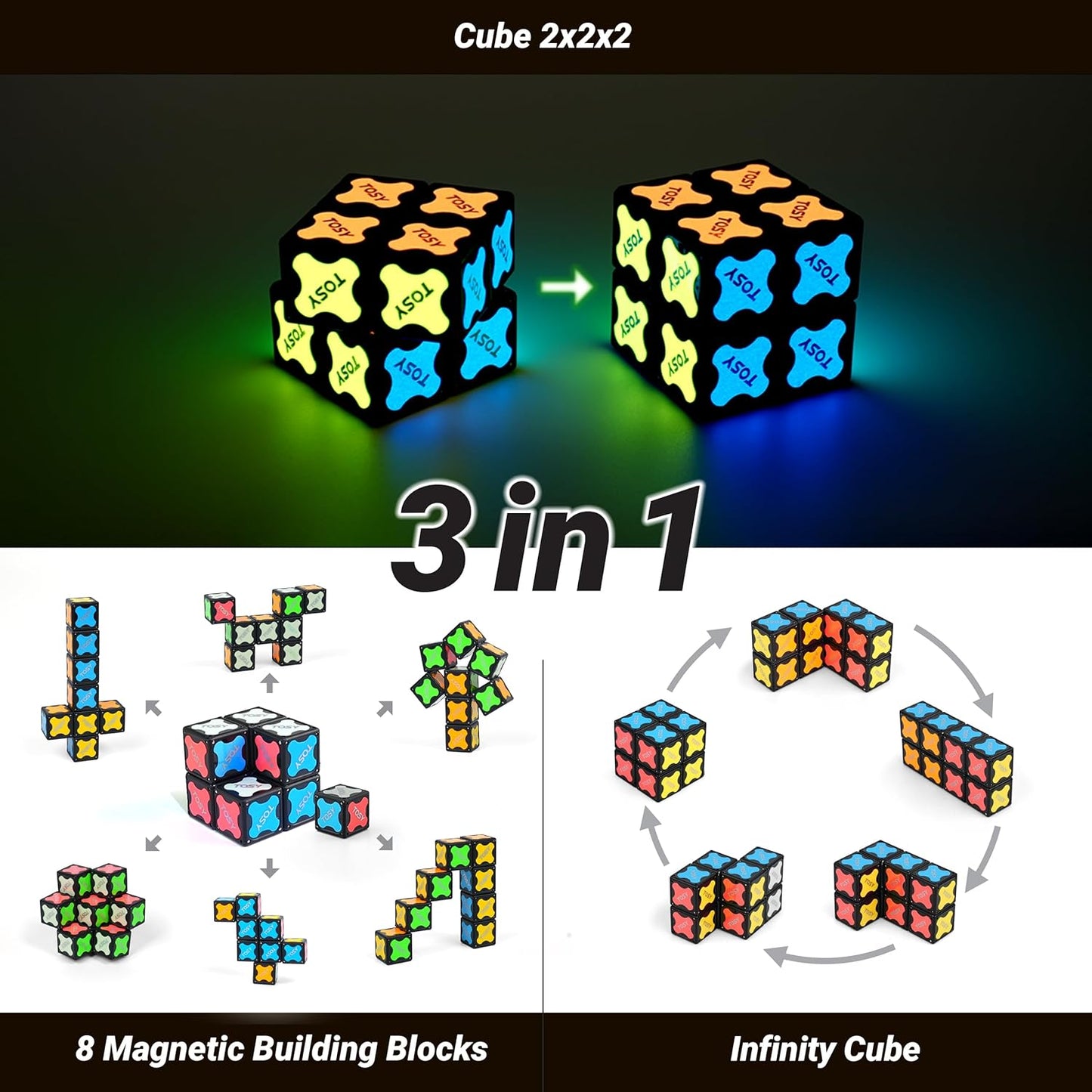 TOSY Magnet Cube 2x2 - 8 Blocks, 2in1 Toy: 2x2x2 Puzzle Cube and Customizable Infinity Cube, Glowing w/ UV Flashlight, Christmas Stocking Stuffers Gift for Kids/Grandkids, STEM Toy, 4-Pack