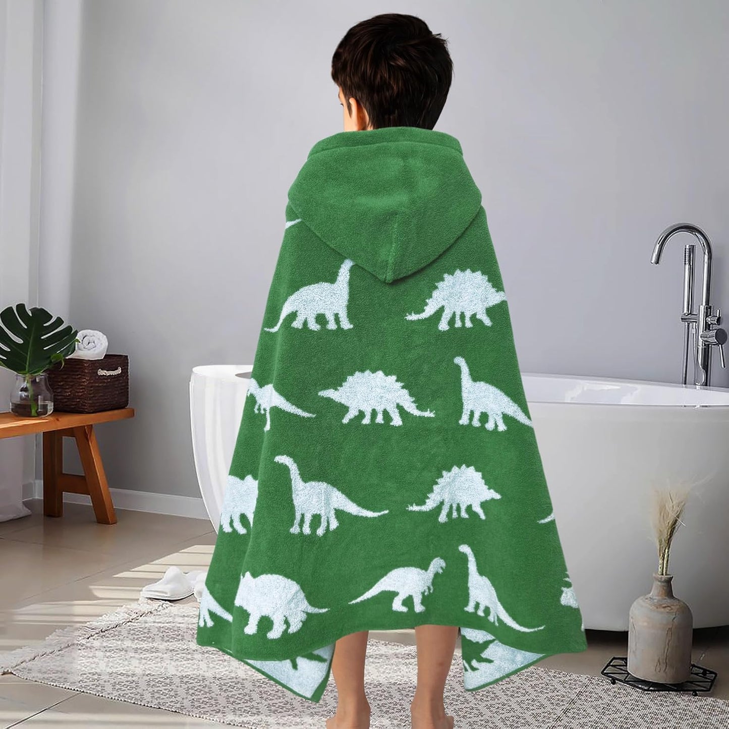 VOOVA & MOVAS Kids Hooded Bath Towels (3-10Years,30"x54"),100% Cotton Thick Absorbent Soft Towel Wrap for Toddler Boys,Perfect for Bathroom | Pool | Beach | Swimming, Jacquard Green Dinosaur
