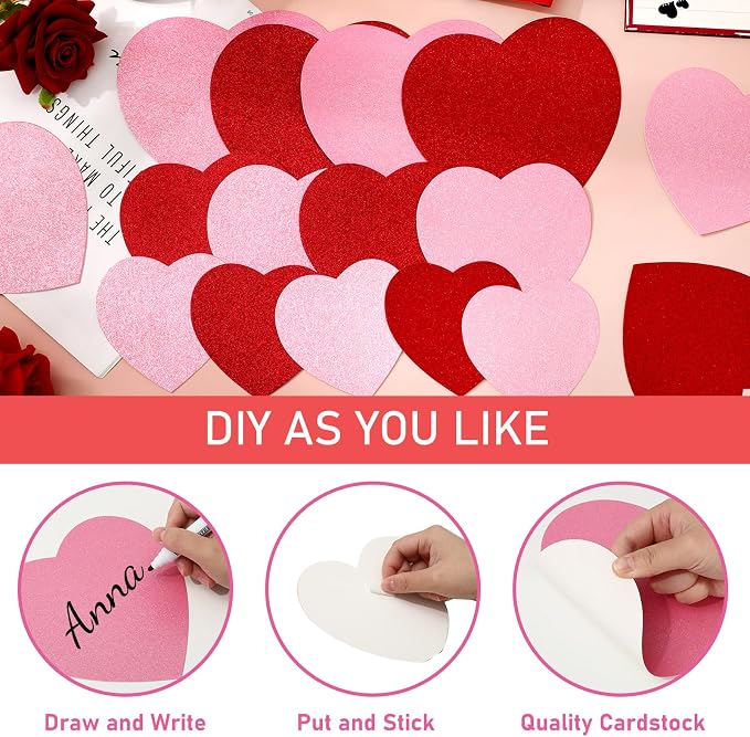 JarThenaAMCS 45Pcs Valentine' s Day Paper Cutouts Red Pink Glitter Heart Shape