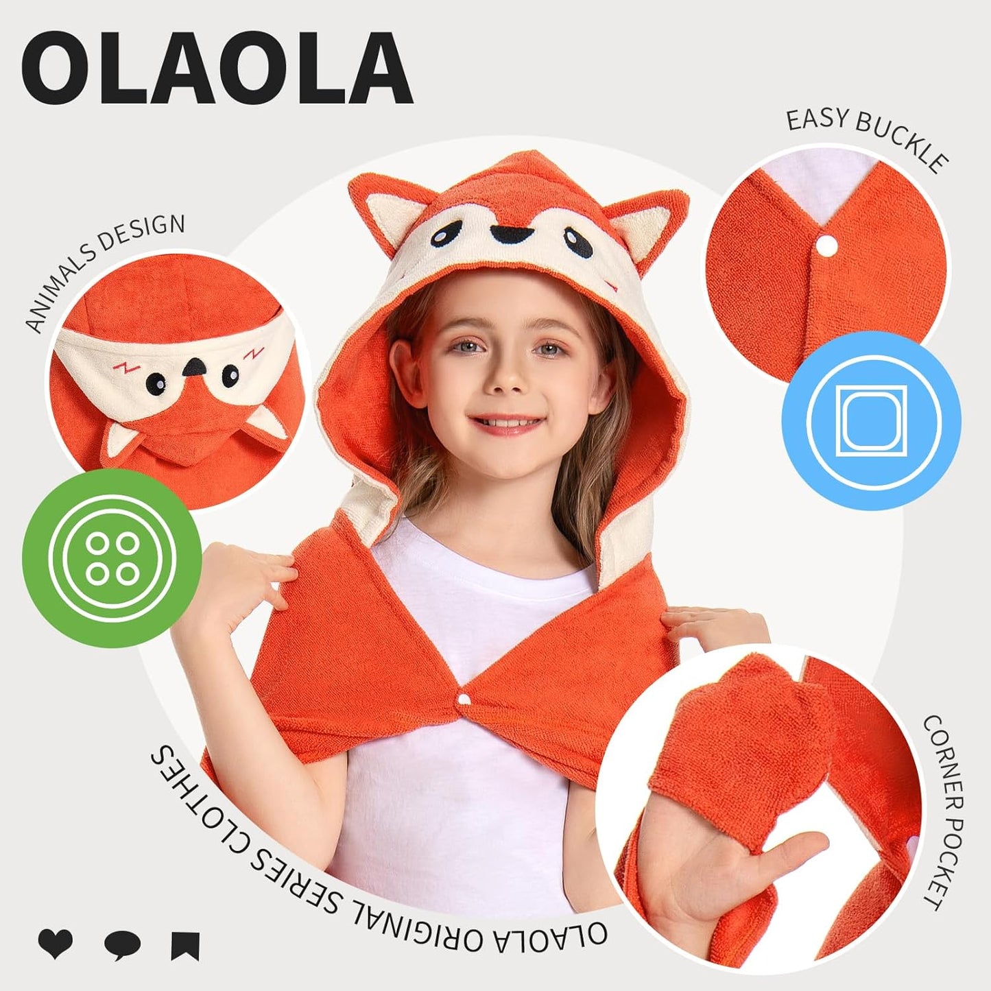 OLAOLA Fox Hooded Towel for Kids 3-12 Years, 28" x 53" Soft Thick Absorbent Beach Towels, Toddler Bath Towel Wrap Swim Pool Towels Poncho for Boys Girls