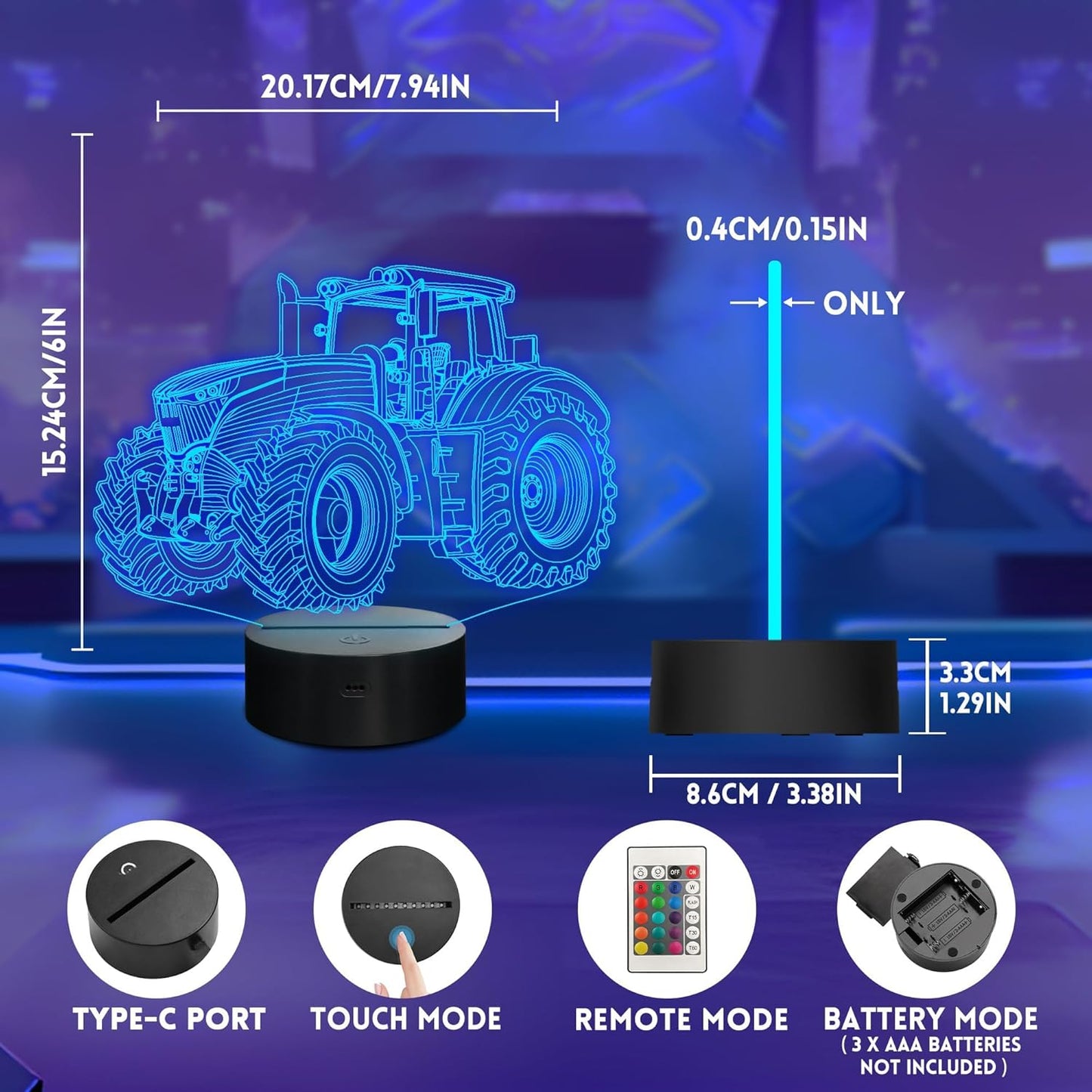 Tractor Night Light, Truck 3D Illusion Optical Hologram LED Lamp with 16 Color Changing, Remote Control, Timer, Table Bedroom Decor Creative Chrismas Birthday Gift for Kids Boys Grandson Men