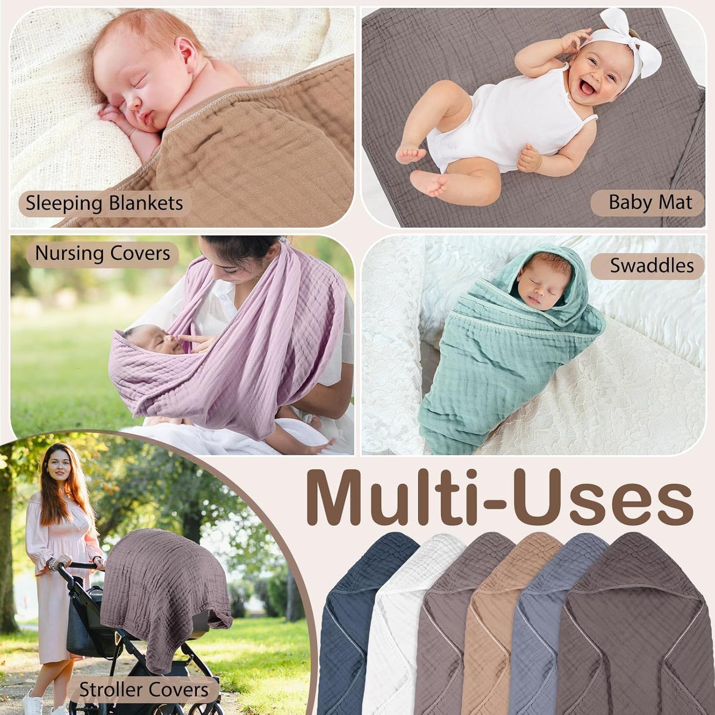 Peryiter 6 Pcs Muslin Hooded Baby Towels, 32"x 32" Cotton Newborn Bath Towel Muslin Infant Baby Blankets Absorbent Unisex Newborn Registry Gift Essentials for Girls Boys (Elegant Color)
