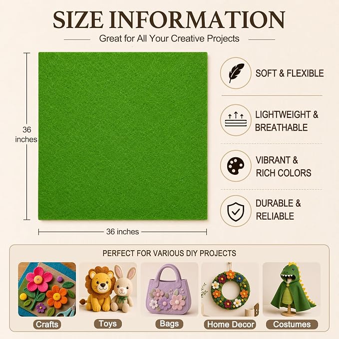 Grass Green Large Felt Fabric 36" x 36", 1.4 mm Soft Felt Sheet, Nonwoven Fabric
