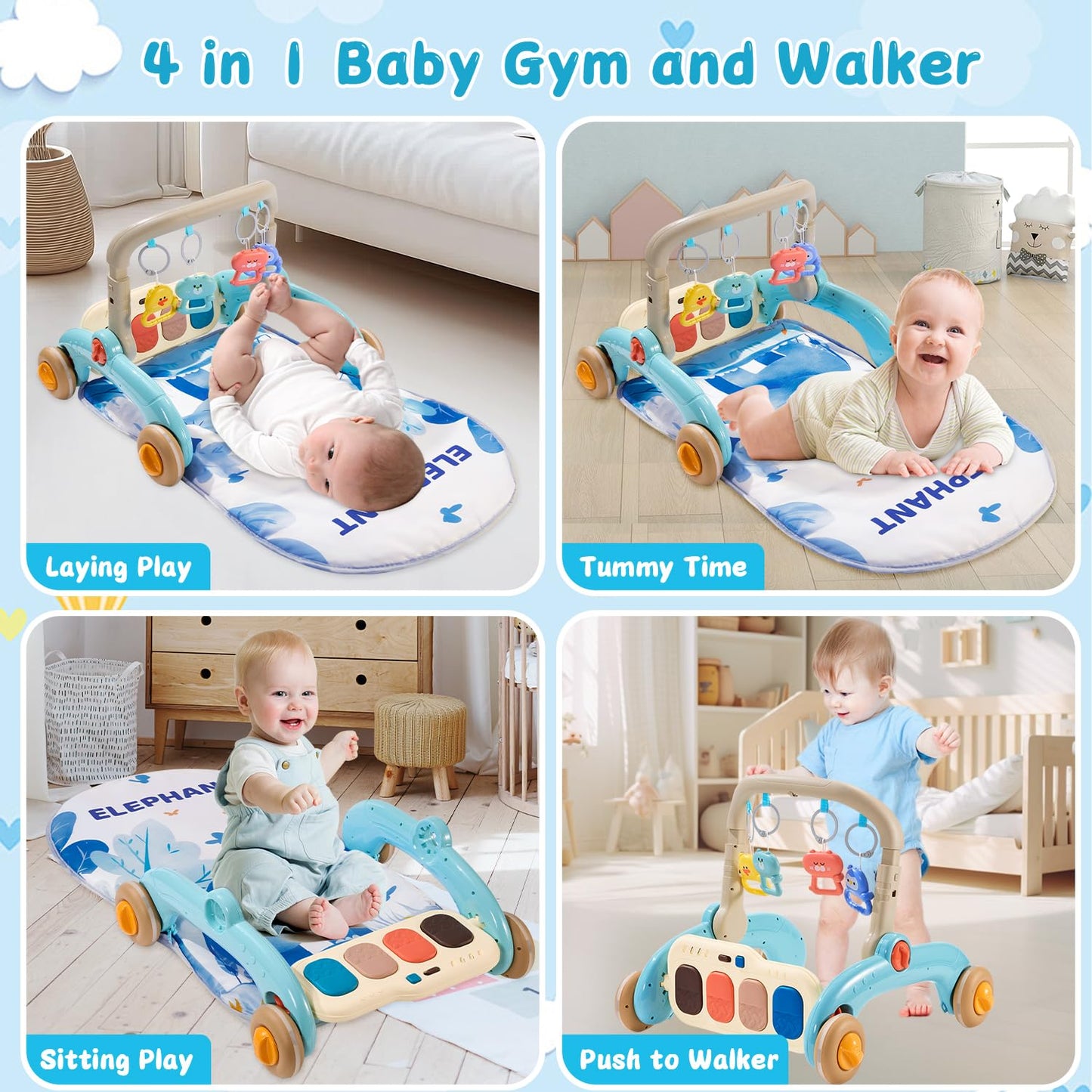Baby Play Gym Walker Kick and Play Piano Gym for Boys Girls Play Mat Musical Tummy Time Mat Infant Christmas Newborn Gifts Toddlers (Elephant Upgraded)