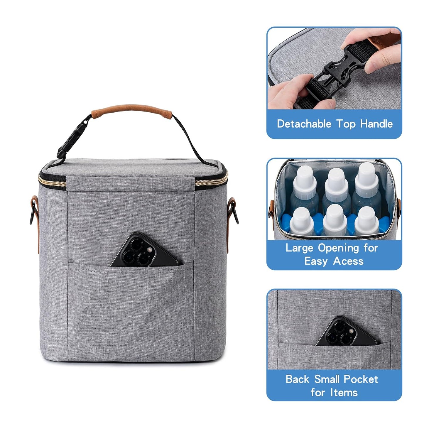 Breastmilk Cooler Bag with Ice Pack Fits 6 Baby Bottles Up to 9 Ounce, Baby Bottle Bag with Shoulder Strap for Nursing Mom Daycare, Grey