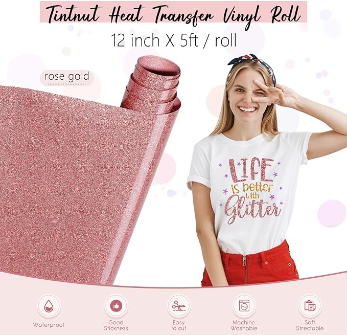 Tintnut Rose Gold Glitter Heat Transfer Vinyl Roll, easy cut & weed, stretch
