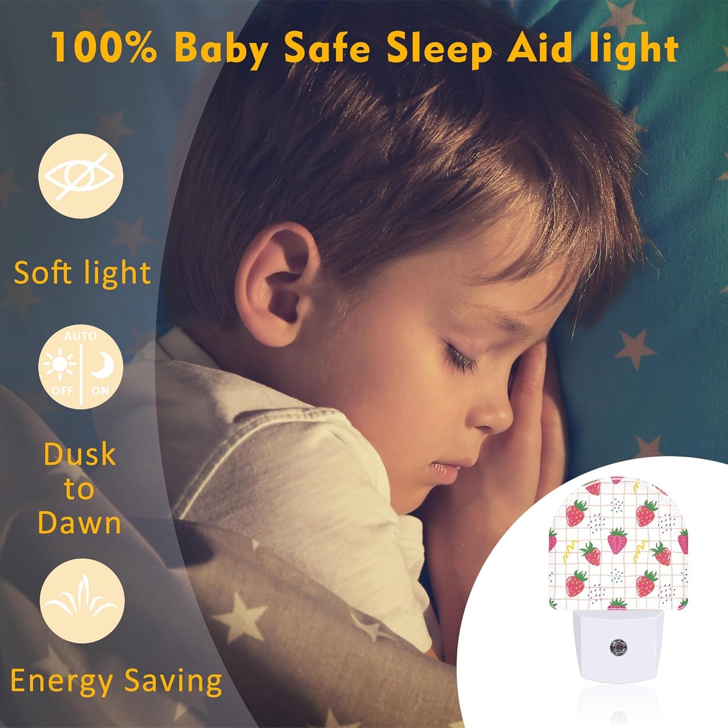 Cute Red Strawberries Night Light Plug into Wall, Abstract Funny Fruits Dusk to Dawn Night Light Plug in,0.5w Energy Saving Sleep Friendly NightLight for Kids Boys Girls Home Decor