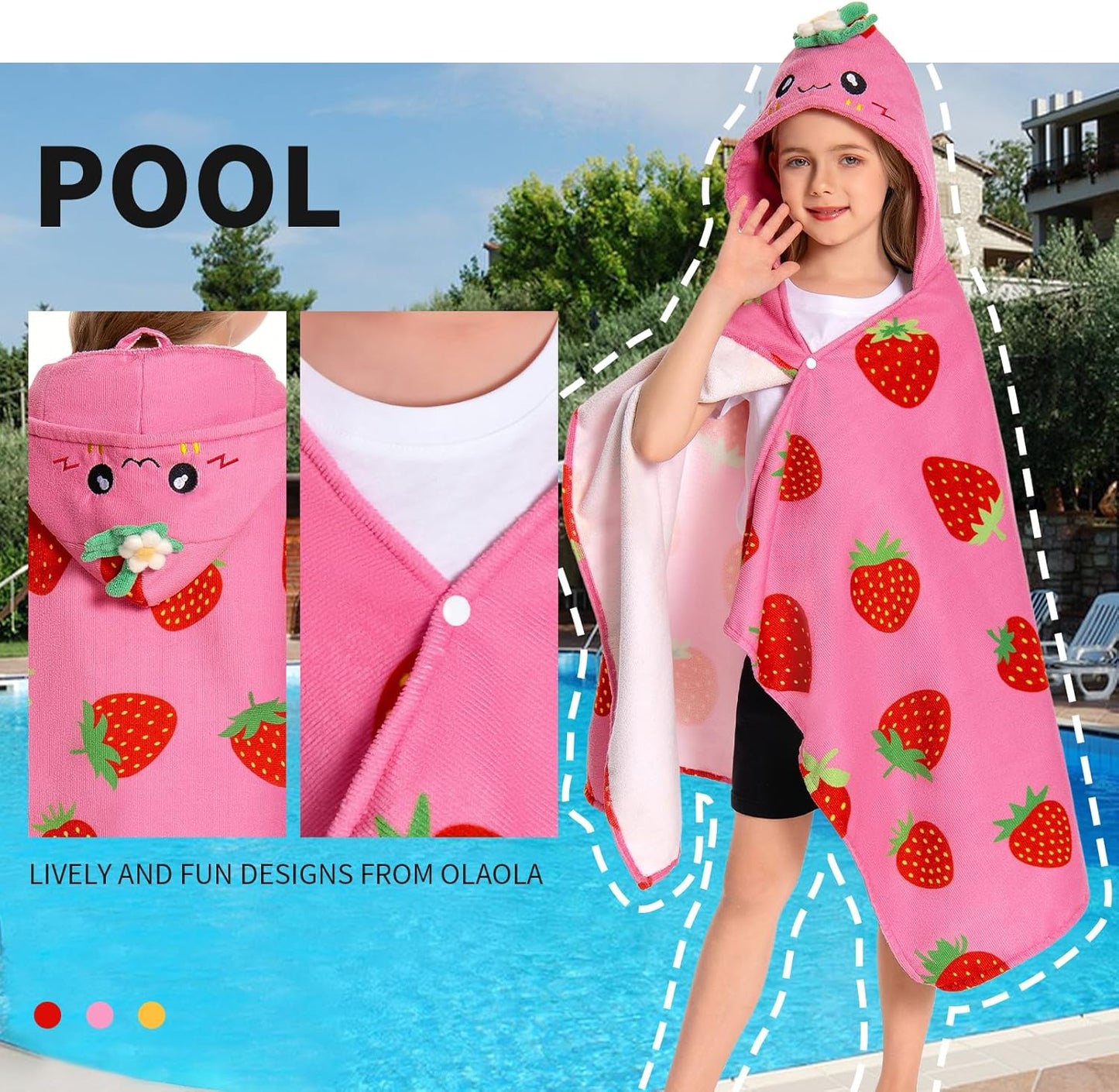 OLAOLA Strawberry Hooded Towel for Kids 3-12 Years, 28" x 53" Soft Thick Absorbent Beach Towels, Toddler Bath Towel Wrap Swim Pool Towels Poncho for Boys Girls