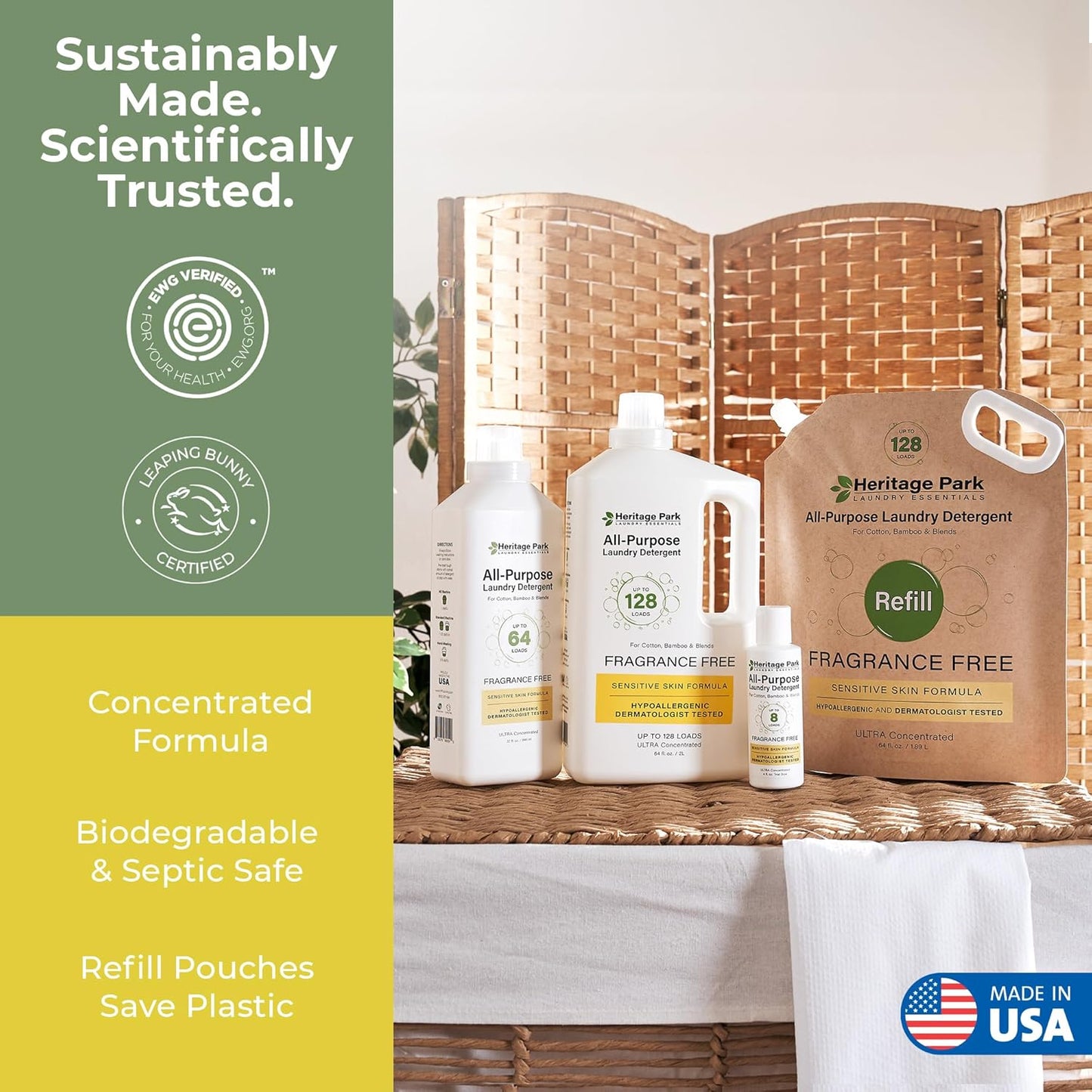 Heritage Park Luxury Laundry Detergent | Dermatologist Tested Plant based Natural & Enzyme Laundry Detergent | Sensitive Skin Friendly - Fragrance Free (4 fl oz Trial Size)