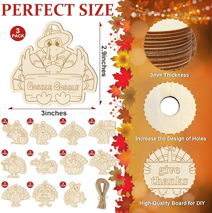 36PCS Wooden Thanksgiving Decoration Turkey Ornaments to Paint Thanksgiving