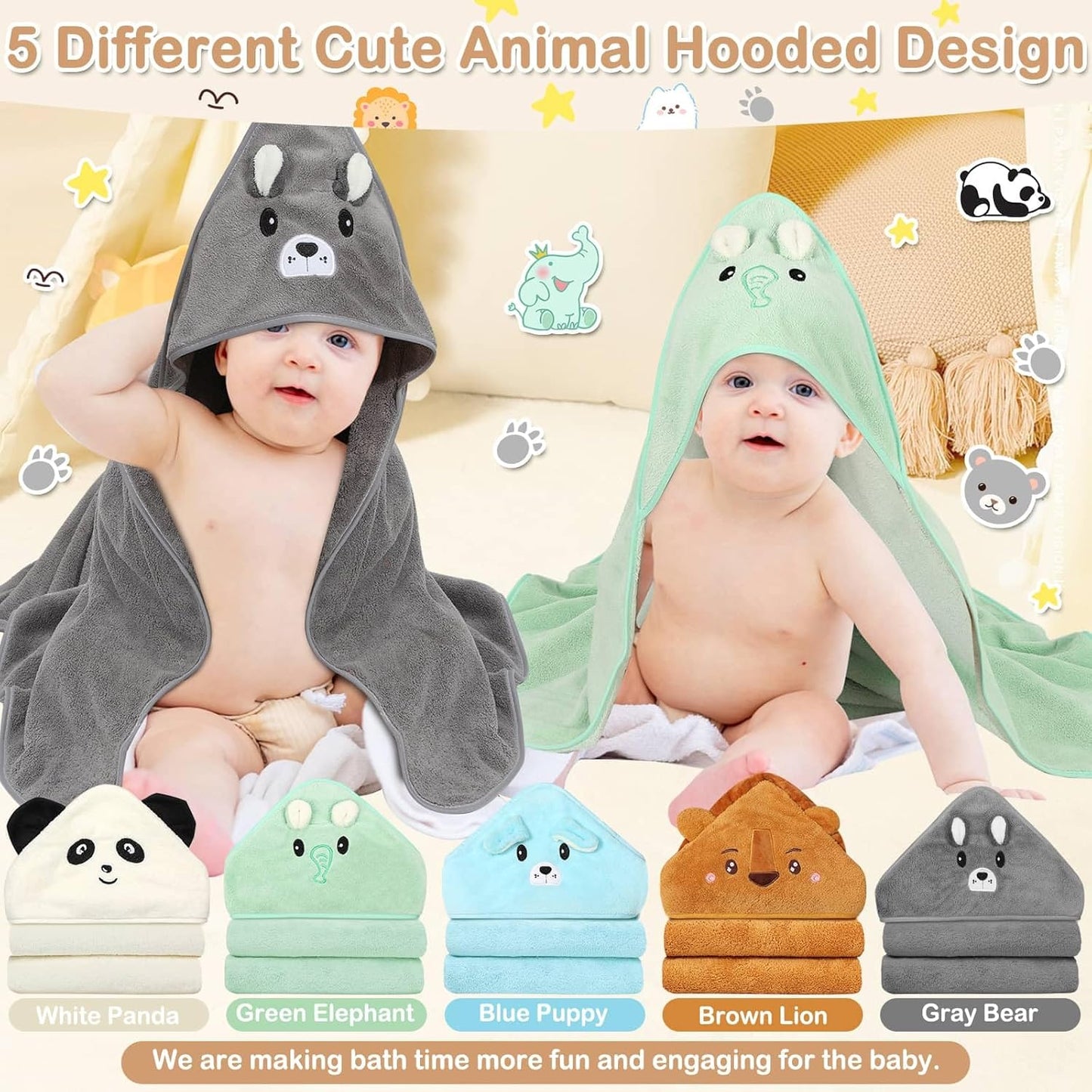 15 Pcs Baby Bath Towels- 5 x Hooded Baby Towels and 10 x Baby Washcloths Set, 32 x 32 Inch Hooded Toddler Towel Bath Blanket Absorbent Hooded for Toddler Infant Newborn Shower Gift for Boys & Girls