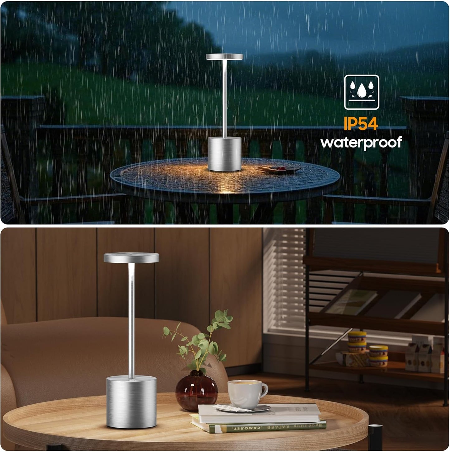 Cordless Table Lamps Rechargeable - Outdoor Waterproof LED Table Light Portable 5000mAh Battery Operated Lamp 3 Color Stepless Dimming with Memory Function for Restaurant Dining Patio (Silver)