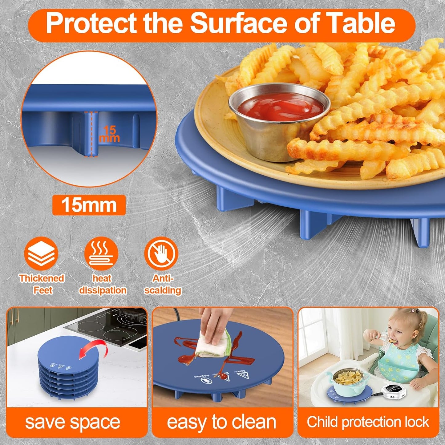 Upgrade Food Warming Mat,6-in-1 Silicone Warming Mat for Food-Fast Heating Electric Warming Tray with 3 Timer & Temp Settings,Portable Food Warmer for Parties Buffet,Raised Feet Protects Table (Blue)