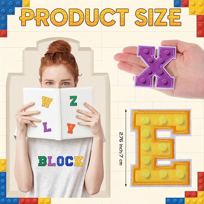 WILLBOND 52 Pcs Building Blocks Board Alphabet Patches 2.8 Inch Self Adhesive