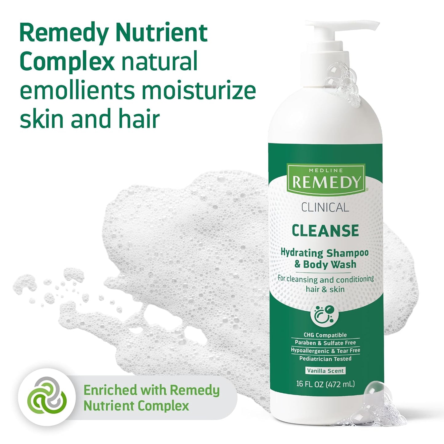 Medline Remedy Clinical Hydrating Shampoo & Body Wash (16 fl oz), Vanilla Scent, Cleanser, No-Rinse, Adults, Kids, Shower Or Bedside, Dimethicone, Sulfate Free