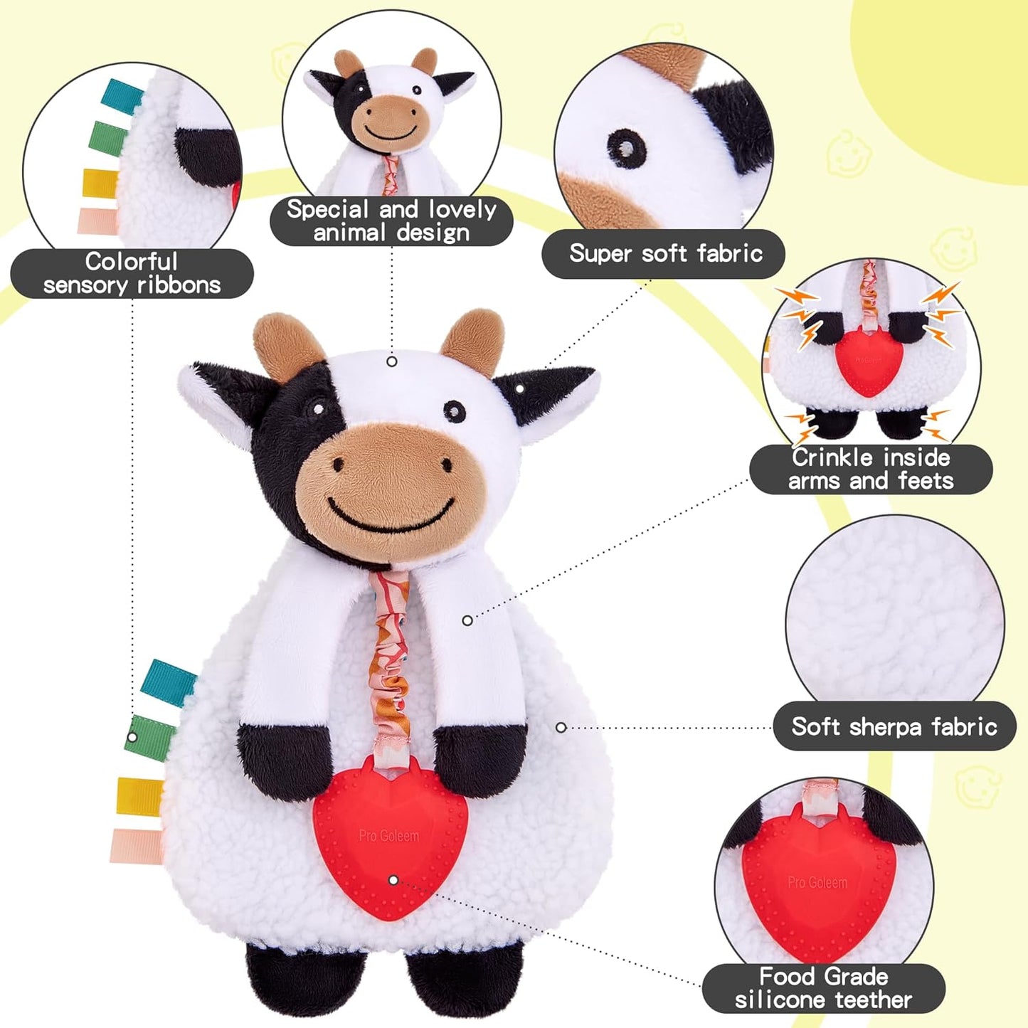 Pro Goleem Cow Loveys for Babies Girl and Boy, Baby Lovey with Teether, Baby Toys 0 3 6 9 12 Months, Safety Teething Toys for Babies Infant Newborn and Toddler Baby Gifts