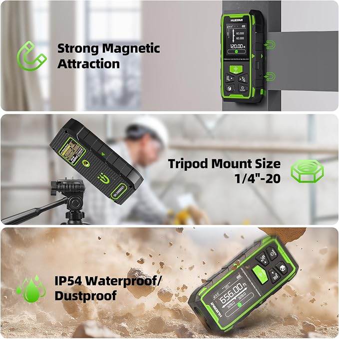 Huepar Dual Laser Measuring Tool, 656Ft Green-Beam Bilateral Digital Laser